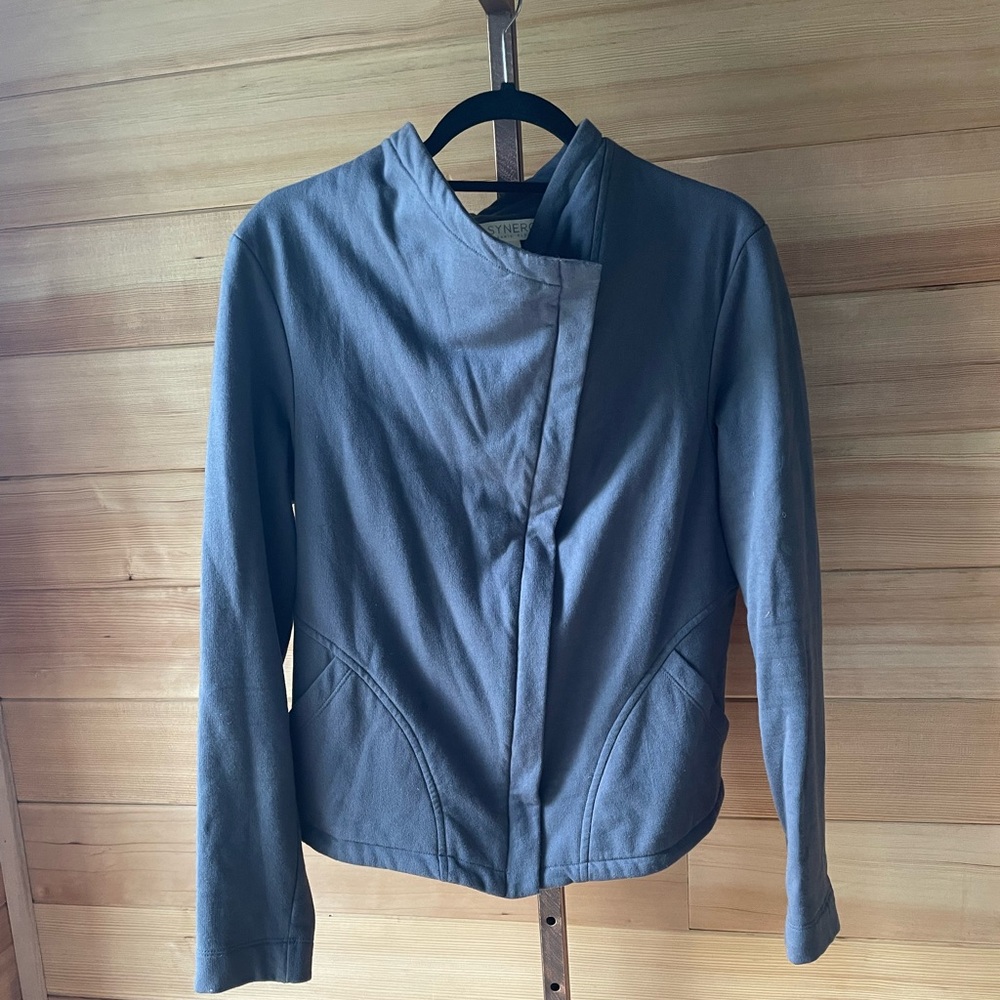Synergy Organic Cotton Asymmetrical Zip Front Jacket Grey Double Lapel Large